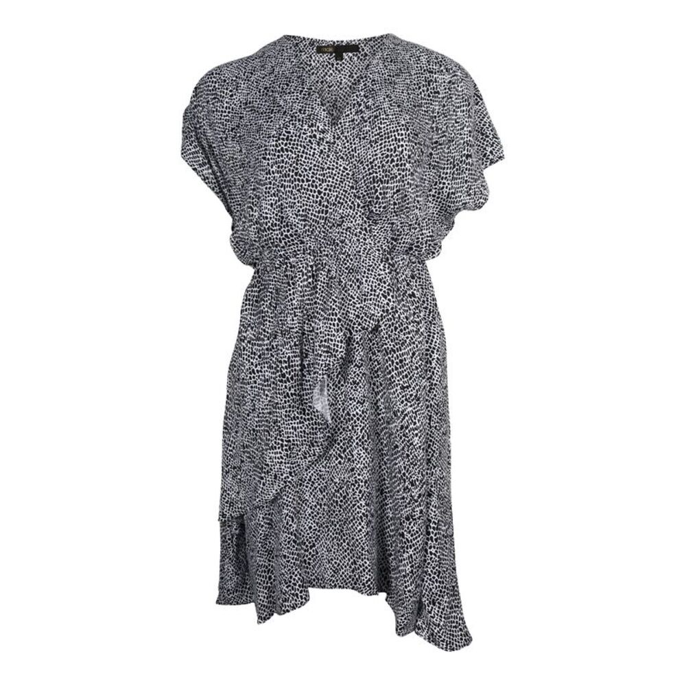 Maje Ruffled Surplice Mini Dress in Black and White Cupro